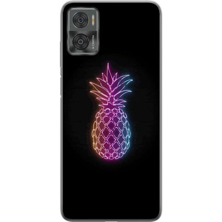 Kompatibelt Mobilskal till Motorola Motorola Moto E22i Neonillustration av ananas i färgglatt ljus mot svart bakgrund