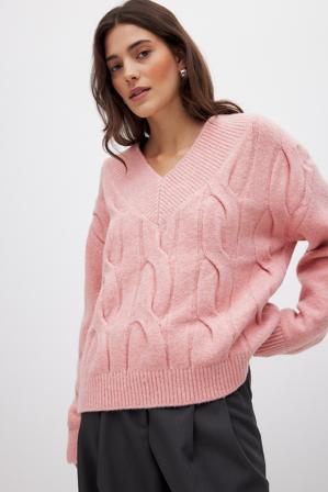 NA-KD Knitted V-Neck Cable Sweater - Tricot épais - Rose - XL (EU 46)