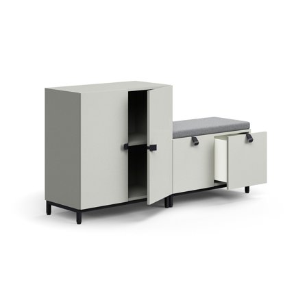 Aufbewahrungseinheit QBUS, Schrank + Aufbewahrungsbank, 868x1600x420 mm, hellgrau, graues Kissen