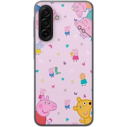 Kompatibelt Mobildeksel til Samsung Galaxy A17 5G Peppa Gris med en baby i armene, mamma gris motiv i fargerik og myk barneillustrasjon med hjerter