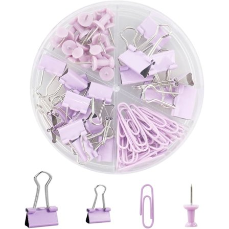 Lila klämma set, gem, tummenålar, bulldog klämmor, skrivbordstillbehör arrangör för hem skola kontorsmaterial