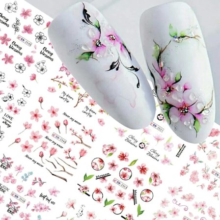 12 stk. Sakura Negle Vandmærke Klistermærker Kirsebærblomst Blad Neglekunst Slider Transfer Folie til Negledekoration Tilbehør Vandmærke 