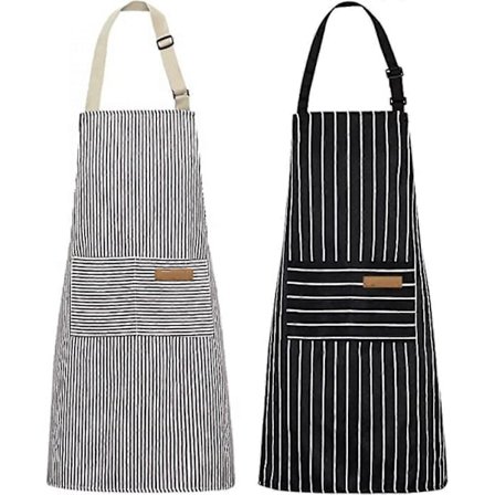 2-pack Kitchen Aprons, Adjustable Soft Chef Aprons with 2 Pockets for Men and Women (Black/Brown Stripes)