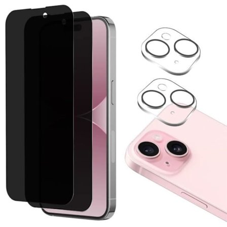 Beskyttelsesfilm - Phonillico - iPhone 15 - Tempereret Glas - Anti-Spion - Pakke med 2
