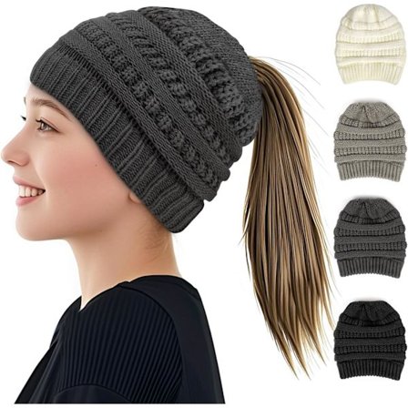 Strikket hue til kvinder, elastisk blød kabelstrikket hue med huller til kvinder, stilfuld termisk varm vinter hestehale strikket hue, Slouchy