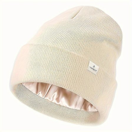 Vinterhuer med satinfor til kvinder og mænd, strikhue med silkefor, blød og varm hue med opsmøg