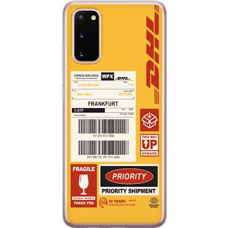 Kompatibelt Mobildeksel til Samsung Samsung Galaxy S20 DHL Express fraktetikett design med strekkoder, Frankfurt tekst og logistiktema grafisk motiv