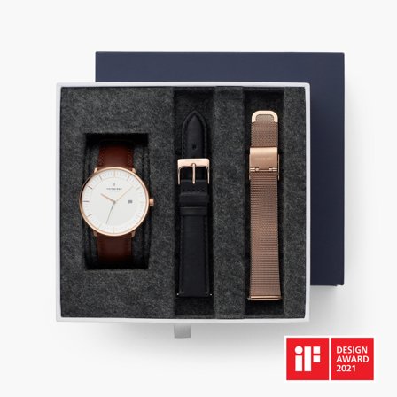 Nordgreen - Bestseller Herrenuhr in Roségold - Philosopher - SET Roségold | Armbänder Braun / Schwarz / Mesh