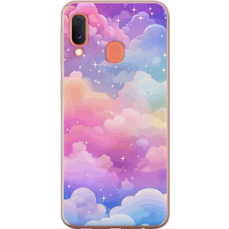 Kompatibelt Mobildeksel til Samsung Galaxy A20e Søt enhjørning med regnbuefarget hår mot en stjernebelagt pastellbakgrunn i kawaii-stil
