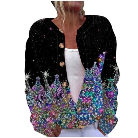 Julkofta för damer i stora storlekar med tryck, knappar, varm och bekväm grovstickad jacka