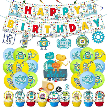 50 stk Robot Festudstyr Sæt - Inkluderer Tillykke Med Fødselsdagen Banner, Kage Topper Og Cupcakes Toppers, Spiral Pynt, Latex Balloner Til Børn S 