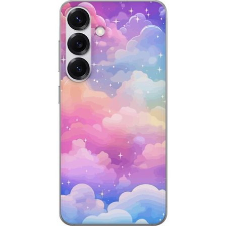 Kompatibelt Mobildeksel til Samsung Galaxy S25 Søt enhjørning med regnbuefarget hår mot en stjernebelagt pastellbakgrunn i kawaii-stil