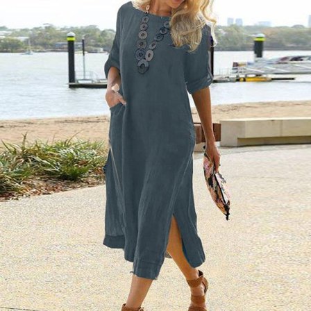 Naisten Roll Tab leeve Long Dress oli ummer Beach riisua