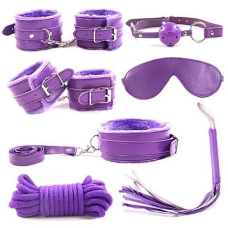 7-delt voksen bondage sex kit SM håndjern pisk ball knebel tau cosplay sexleketøy diskret pakket lilla