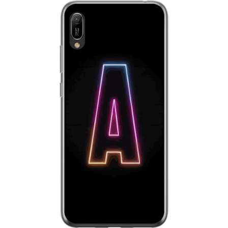 Kompatibel Mobilcover til Huawei Huawei Y6 Pro (2019) Minimalistisk neonbogstav A i regnbuefarvet lys mod sort baggrund i moderne typografisk stil