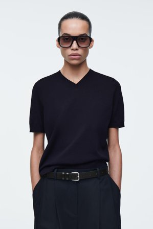 COS Women's Knitted Cotton V-Neck T-Shirt in Blue