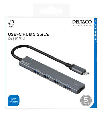 Deltaco USB-C hub, 5 Gbps, 4x USB-A female, aluminum, grey