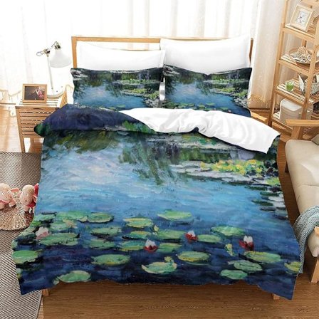 Maleri Dynebetræk Sæt Sengelinned Quilt Claude Monet Kunst Betræk Sæt med Pudebetræk Bløde Mikrofiber Jule Sengelinned Sæt med Lynlås 3 Dele King Size