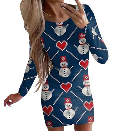 Kvinnor Xmas Mini Klänning Snögubbe Printed Långärmad Korta Klänningar