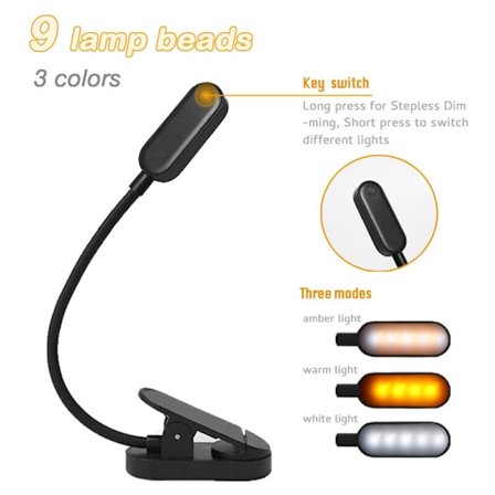 Läslampa 9 LED Läslampa Klämma Lampa Uppladdningsbar 9 Ljusstyrka Lägen och 3 Färgtemperatur, 360° Flexibel Hals