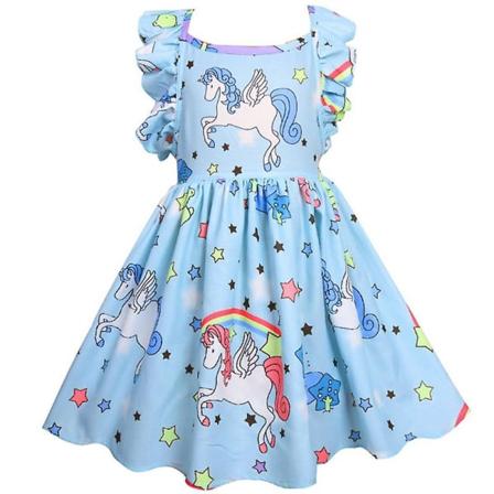 Barn Jenter Unicorn Princess Tutu Kjole Bursdagsfest Ruffle Sleeve Swing Kjoler Gave Light Blue 5-6 Years