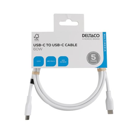 Deltaco USB-C - C USB2.0 SPR Cable, silicone, 1,5m, White
