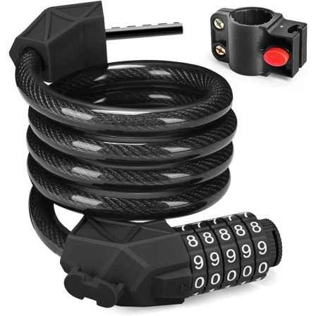 Kombinasjonslås for sykkel med 5-sifret kode, høysikkerhetssykkellås 114cm/11.2mm, sykkellås for utendørsbruk (svart)