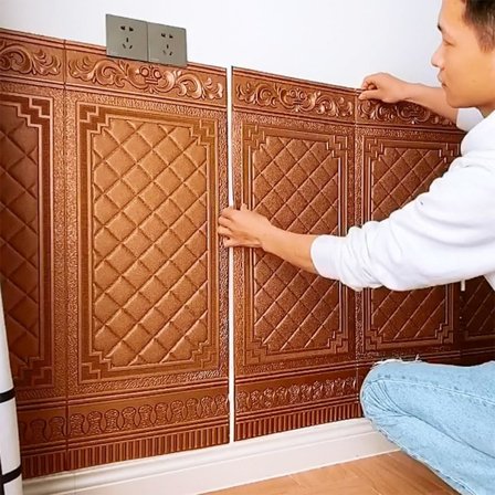 2 stk 27,56x35,43 tommers selvklebende 3D veggpaneler, skrell og lim tapet vanntett flyttbare veggpaneler, kobber