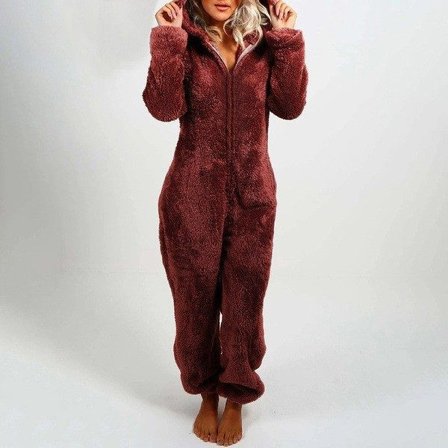 Dames Vinter Fluffy Fleece Hættetrøje All In One Jumpsuit V (L vinrød)