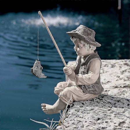 Frederic Den Lille Fisker fra Avignon Dreng Fiskende Havestatue, tofarvet sten