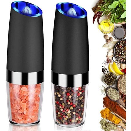 Gravity Elektrisk kværn sæt med 2, Automatisk peber- og saltkværn med blåt LED-lys, Genopfyldelig, salt- og peberkværn, peberkværn