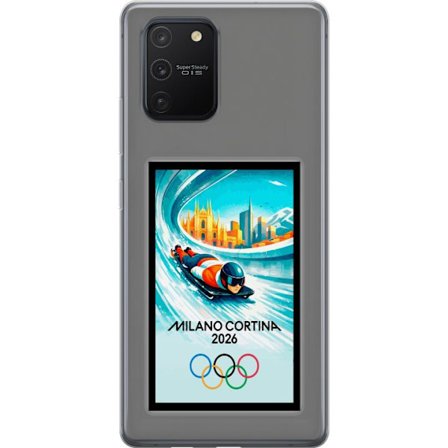 Kompatibelt Mobildeksel til Samsung Galaxy S10 Lite Dynamisk bobslede eller skeletonkjører i iskanal med Milano Cortina 2026, bysilhuett og olympiske
