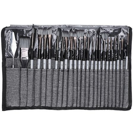 24 stk. Malerbørste Sæt Nylon Uld Træhåndtag med Taske til Akryl Vandfarve Maling Grå