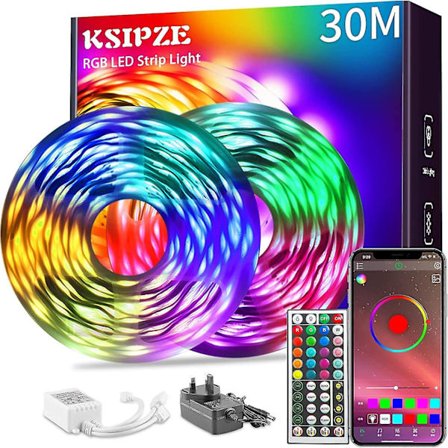 30m LED Strip Lys (2 ruller á 15m) RGB Musik Synkronisering Farveskiftende, Bluetooth LED Lys med Smart App Kontrol Fjernbetjening, LED Lys til 