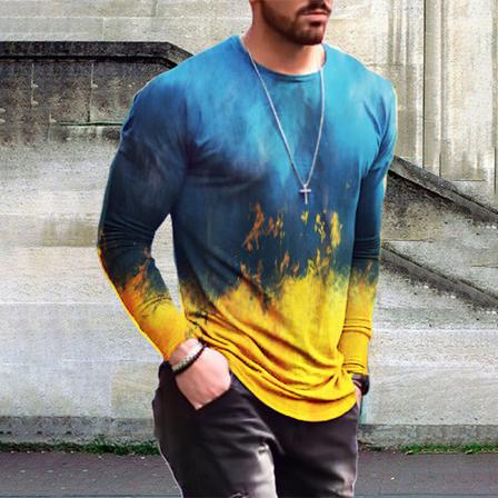 Män Långärmad Basic Tee Tie Dye Crew Neck Color Block Tops