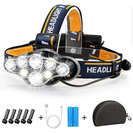 Genopladelig LED pandelampe, Ultra kraftig 8 LED pandelampe 18000 lumen, vandtæt og let pandelampe, perfekt til camping, fiskeri, hule, løb