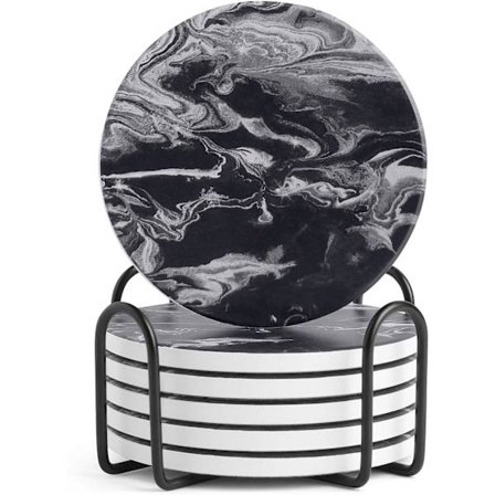 Sæt med 6 coasters, absorberende drikke coasters i sten med holder, sorte marmor stil keramiske drikke coasters, beskytter bordpladen