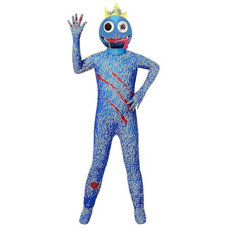 Enfärgad Rainbow Friends-dräkt för barn och vuxna, blå monster Wiki Cosplay skräckspel Halloween jumpsuit festkläder med huvudbonad