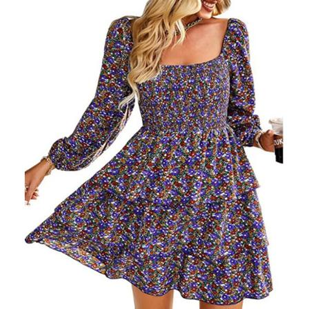 Kvinnor Veckade Miniklänningar Blommigt Printed Hög Midja Kort Klänning