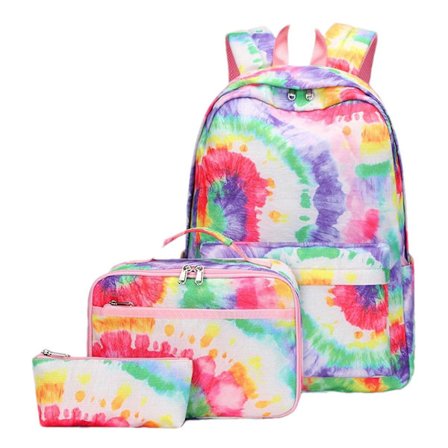 Trepuntig ryggsäck | Tie-dye-tryckt ryggsäck för flickor barn | Skolryggsäck med lunchlåda förskolebarn