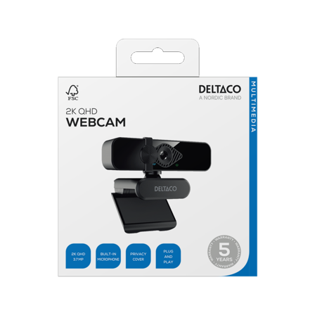 Deltaco W-200 Webcam, 2K 2560x1440 3.7MP, built-in mic, 2 m cable