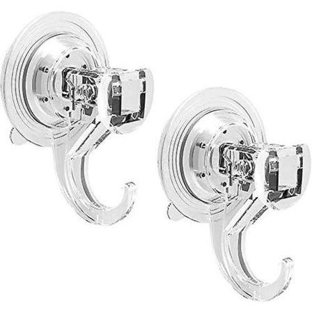 Setti, jossa 2 seinään asennettavaa imukuppikoukkua, kantavuus 3 kg, läpinäkyvä, muovinen imukuppi keittiövälineille