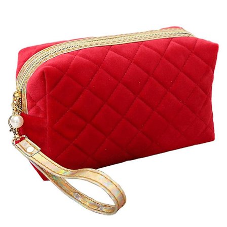 Temperament Retro Hong Kong Style Kosmetiikkalaukku Helmillä, Valmistettu Kultaisesta Sametista