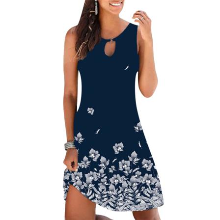 Kvinnor Print Sommar Kort Klänning Strand Blommig Rund Hals Su