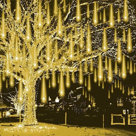 Julelys Utendørs Fallende Regn Meteor Dusj Lys 12 tommer 8 Rør 192LED Snøfall Istapp Lyslenke for Tre Juledekorasjoner, Varm Hvit