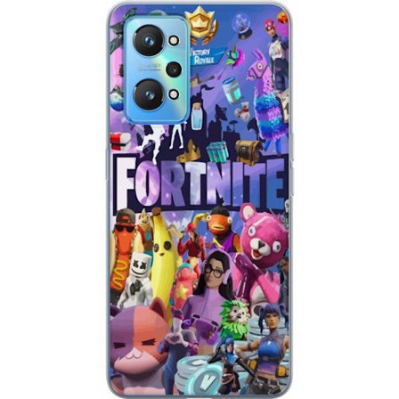 Realme GT Neo2 Gennemsigtig cover Fyldt med populære skins, våben, llama, Victory Royale-symboler og farverige detaljer fra spillets univers.