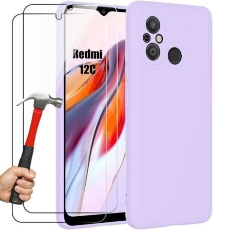 Etui til Xiaomi Redmi 12C - 11A - Slank silikonebeskyttelse Stødsikker Anti-ridse Lilla + 2 hærdede briller