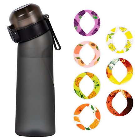 Smagssat Vandflaske med 7 Smagskapsler Air Water Up Flaske Frostet Sort 650ml Air Starter Up Sæt Vandkop til Camping Sport Mat sort
