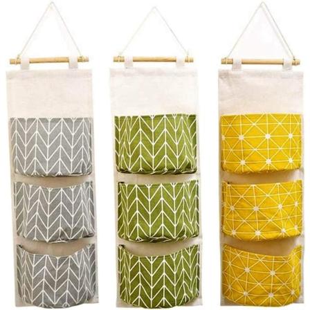 3 stk veggmonterte oppbevaringsposer, 67 x 20 cm stable 3-lags hengende pose - Vanntett lin stoff hengende bred lommearrangør
