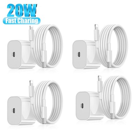iphone snabbladdare USB-C strömadapter 20W + 2m kabel Vit (4 laddare & 4 2m laddningskablar)